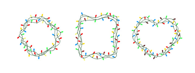 Christmas lights frames isolated on white background, circle, square and heart