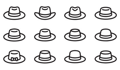 Cowboy and fedora hat vector icons, black and white line art illustrations of classic headwear styles