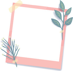 Pink square frame with plants and tape on a white background