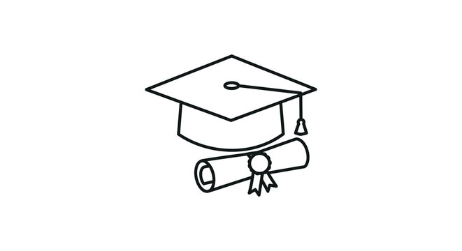 Simple line drawing of a graduation cap and rolled diploma