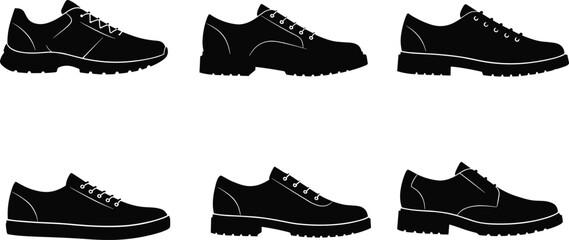 Vector illustration of different shoe silhouettes including casual sneakers, leather shoes, formal footwear, stylish design, modern fashion accessories collection