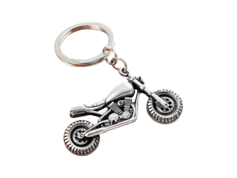 Motorcycle keychain pendant in metallic finish isolated on transparent or white background, png