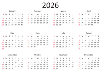 Simple Year 2026 Calendar Layout Displaying Monthly Dates.