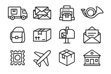 Logistics sorting mail building ribbon postal box horn icons office parcel vector