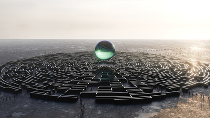 3d rendered image of a circular maze with a large clear orb above it.  Many lines of people find their way through the maze to the center.