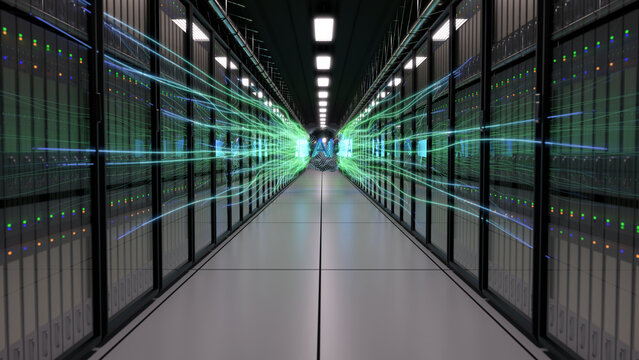 3d rendered animation of a datacenter with an abstract AI object in the center being built up.