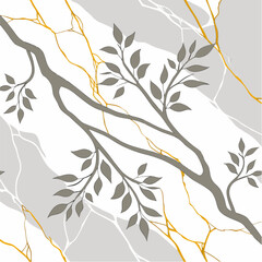 Elegant Gray and Gold Marble Pattern with Branches and Leaves.