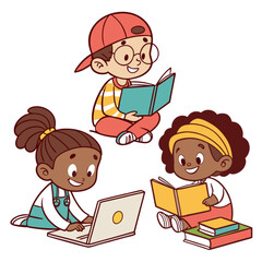 Three Happy Children Engaged in Reading and Learning.