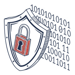 Illustrated Security Shield with Red Padlock and Binary Code Data Protection Concept.