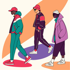 Three stylized men in trendy streetwear tracksuits walking confidently in modern fashion.