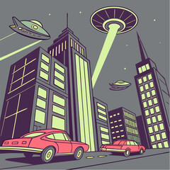 Retro cartoon illustration of a UFO alien invasion with flying saucers beaming light over a futuristic city with vintage cars.