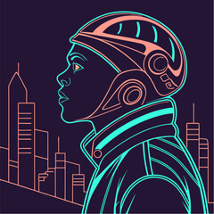 Futuristic Profile of a Person in Cyberpunk Style with Cityscape Background.