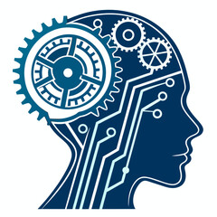 Stylized Human Head Silhouette with Gears and Circuitry in Blue and White.