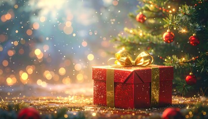 Festive Christmas gift scene with a red gift box