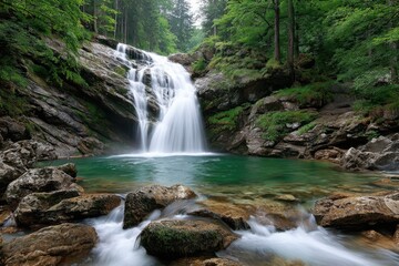 Fototapeta premium Scenic Waterfall Cascading into Emerald Pool in Lush Forest
