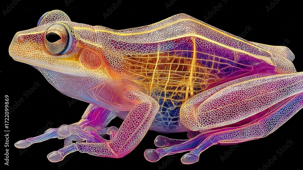 Poster a colorful frog resting on a black background with a black backdrop