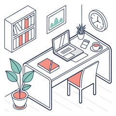 Isometric Line Art Home Office Workspace with Laptop Bookshelf Desk Plant and Minimalist Accents.