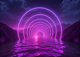 Neon Arches over Water Leading to a Distant Light Source at Night