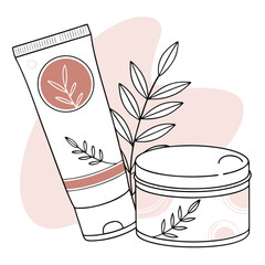 Outline Illustration of Two Skincare Products with Floral Design.