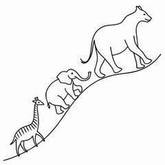 Stylized Line Art of Giraffe Elephant and Lion Ascending a Diagonal Path.
