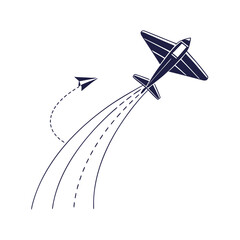 Paper Plane Following an Airplane's Path, Symbol of Ambition and Progress.