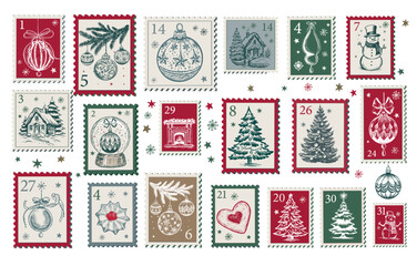 Christmas Stamps, mail, Advent calendar, postcard hand drawn illustrations.