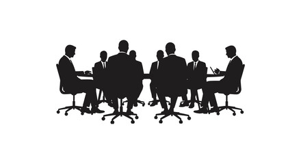 A group of silhouetted business professionals are meeting around a table