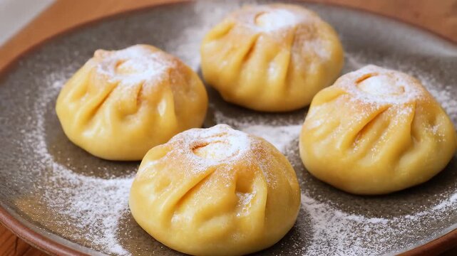 Sprinkling powdered sugar on asian dumplings