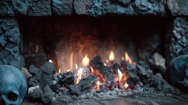 Rustic fireplace close-up with glowing firewood, warm flames, stone and brick details, cozy cinematic lighting, spooky Halloween atmosphere with old skull decorations on shelf, autumn seasonal interio