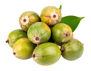 A vibrant cluster of fresh green fruits with smooth skin and a single leaf, showcasing natural beauty and freshness.