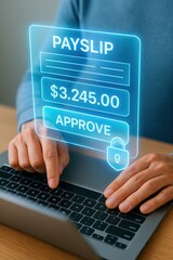 Digital payslip approval process office workspace image professional setting close-up view financial management concept