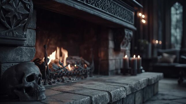 Rustic fireplace close-up with glowing firewood, warm flames, stone and brick details, cozy cinematic lighting, spooky Halloween atmosphere with old skull decorations on shelf, autumn seasonal interio