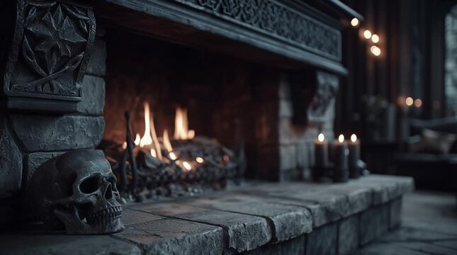 Rustic fireplace close-up with glowing firewood, warm flames, stone and brick details, cozy cinematic lighting, spooky Halloween atmosphere with old skull decorations on shelf, autumn seasonal interio