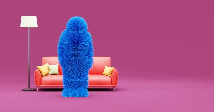 Funny furry monster waving hello in a cozy living room with sofa and lamp, surreal 3D animation of a fluffy character in a domestic home environment, humorous digital video