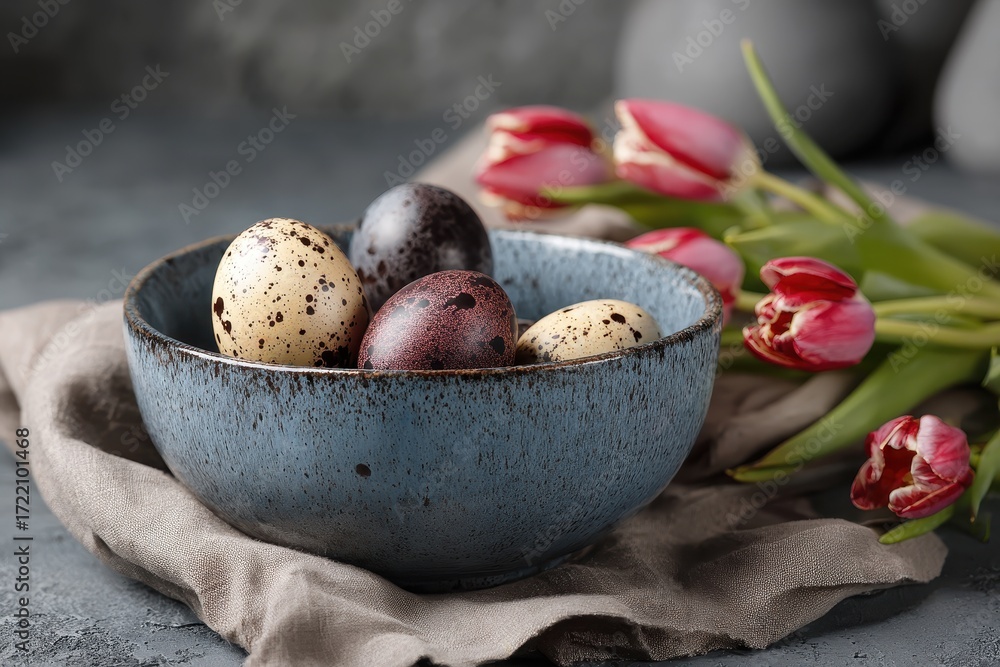 Poster colorful easter eggs in a bowl with fresh tulip flowers arranged on a soft linen surface, creating a