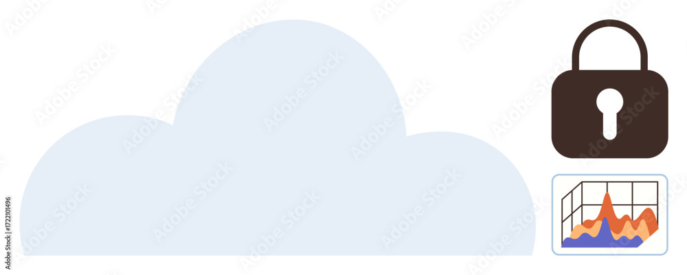Poster cloud with a security lock and analytics graph visualizing data trends. ideal for technology, cybers