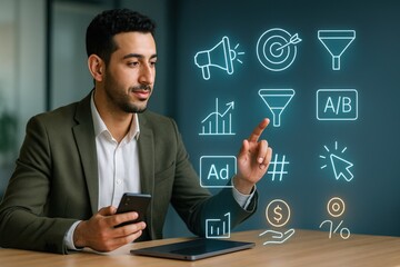 Digital marketing strategy session office setting professional discussion modern environment close-up view business insights