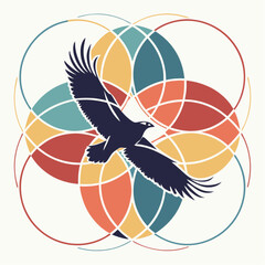 A dark eagle silhouette soars over a colorful geometric pattern of overlapping circles creating a modern symbolic emblem with a retro color palette.