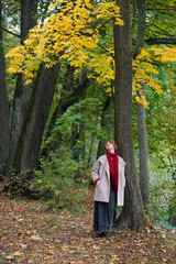 Girl in Autumn Park in Coat and Red Scarf
