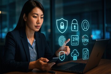 Cybersecurity analysis business professional using technology for data protection strategies in a modern office environment