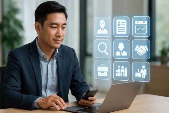 Digital business strategy meeting modern office professional setting collaborative environment focused viewpoint technology integration