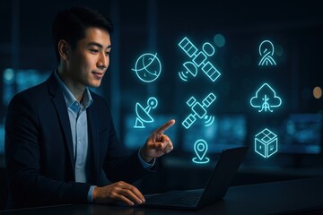 Innovative technology solutions corporate office digital interaction modern workspace user perspective conceptual visualization