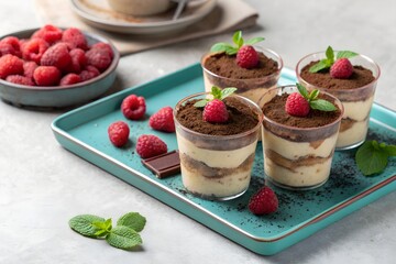 Homemade raspberry tiramisu in individual glasses. A delicious and fresh Italian dessert with mint garnish, perfect for a sweet treat.
 Generative Ai.