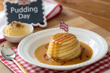 Festive British Pudding Day celebration with a traditional caramel custard. Delicious sweet dessert with sauce and a Union Jack flag for a holiday treat.
 Generative Ai.