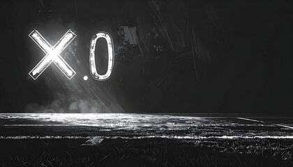 Dramatic night scene of an empty American football field with glowing X.O strategy symbols under intense spotlights, concept of a game plan