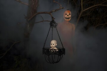 Eerie halloween scene featuring a doll in a hanging basket and a pumpkin headed figure in fog