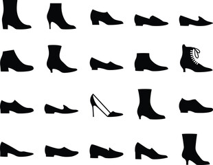 Women’s shoe silhouettes, boots, heels, loafers, lace-up shoes, fashion footwear, black vector icons, stylish design, elegance, variety, collection