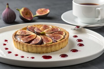 Gourmet fig tart with berry sauce on a white plate. Delicious fresh fruit pastry dessert served with a cup of coffee for a sweet breakfast treat.
 Generative Ai.