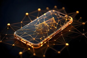 Futuristic phone with golden network connections and abstract design elements within the device