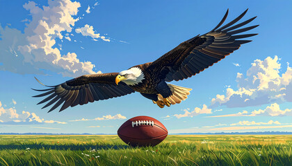 A majestic bald eagle soars above a green field, an american football resting below, symbolizing the freedom, power, and competitive spirit of national sport